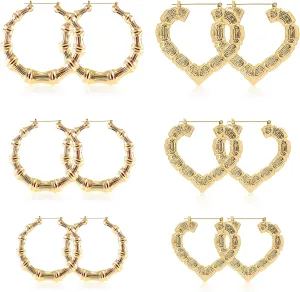 6 Pairs Bamboo Earrings Set,Hollow Casting Gold Hoop Earrings for Women 90s,Fashion Earring Accessories in Different Shape and Size,for 90s Earring Accessories Women Mothers Day Gifts