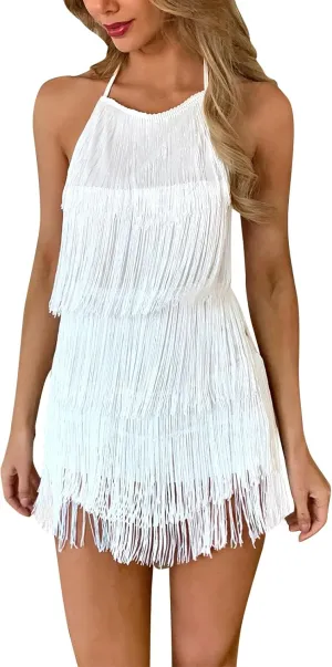 AFAVOM Women Halter Tassel Romper Backless Fringe Latin Dance Dress Evening Short Jumpsuit Dressy Ballroom Tie Back Playsuit