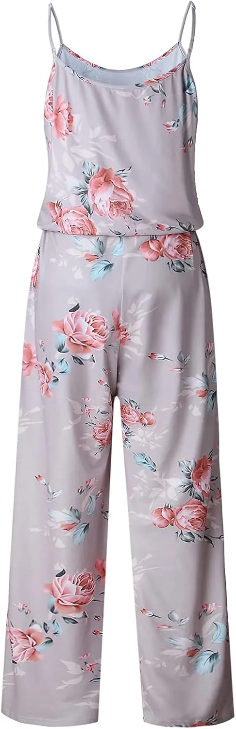 AMiERY Women's Floral Printed Jumpsuits Solid Rompers Casual Comfy Striped Jumpsuit with Pockets