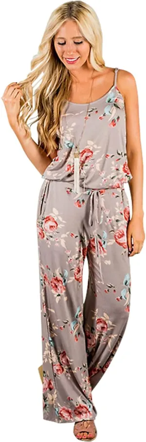 AMiERY Women's Floral Printed Jumpsuits Solid Rompers Casual Comfy Striped Jumpsuit with Pockets