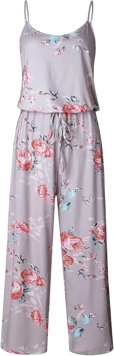 AMiERY Women's Floral Printed Jumpsuits Solid Rompers Casual Comfy Striped Jumpsuit with Pockets