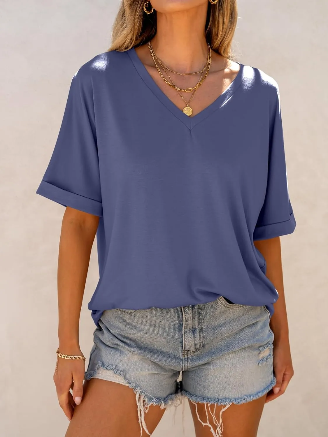ANRABESS Women's Oversized T Shirts Short Sleeve V Neck Summer Tops Casual Loose Basic Plain Tee Shirts 2025 Clothes Outfits