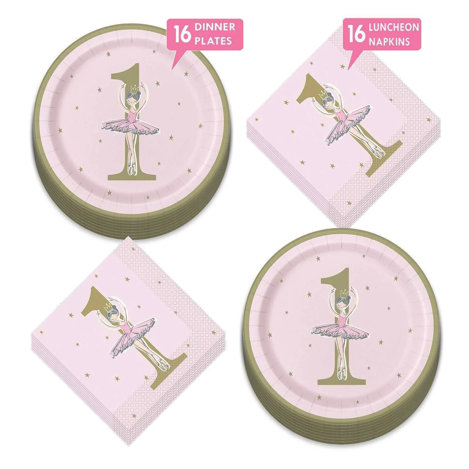 Ballerina Pink & Gold Paper 1st Birthday Paper Dinner Plates and Lunch Napkins (Serves 16)