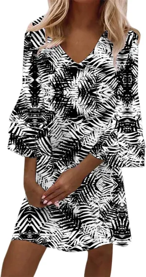 Boho Floral Mini Dress for Women | V Neck 3/4 Bell Sleeve Summer Dress, Flowy Loose Beach Dresses with Casual Chic Style