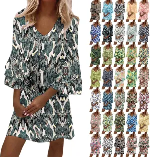 Boho Floral Mini Dress for Women | V Neck 3/4 Bell Sleeve Summer Dress, Flowy Loose Beach Dresses with Casual Chic Style