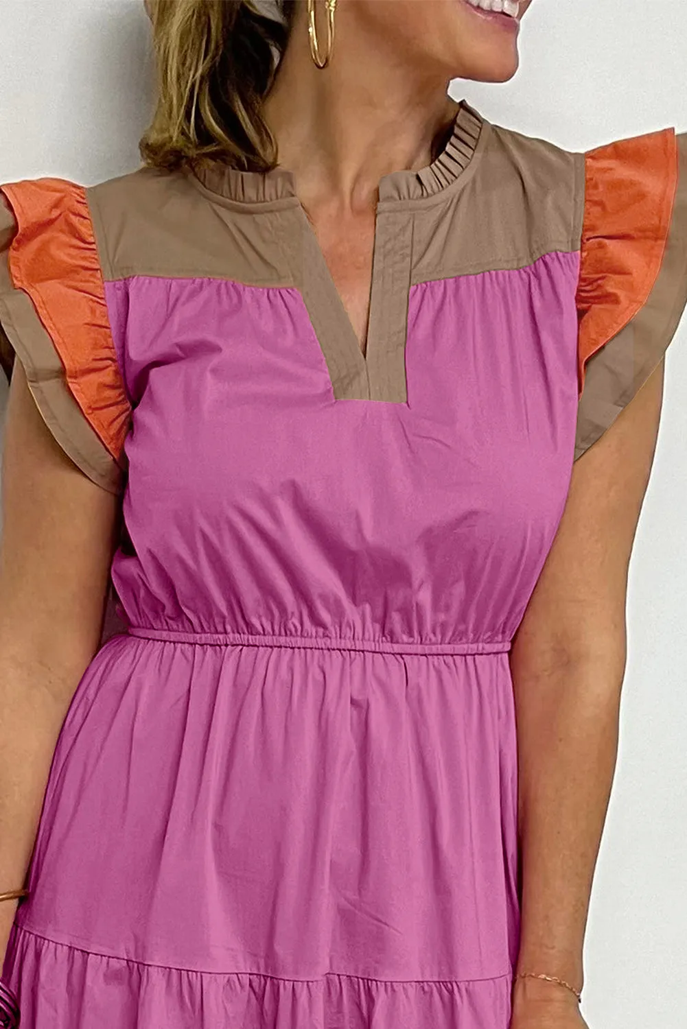 Bonbon Color Block Frill Notched Neck Ruffle Sleeve Tiered Dress