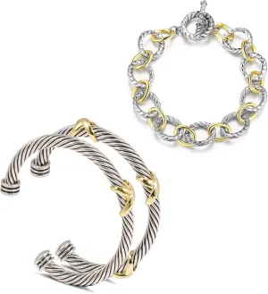 Cable Bracelets for Women - Two Tone Stackable Twisted Wire Cuff Bangle Set