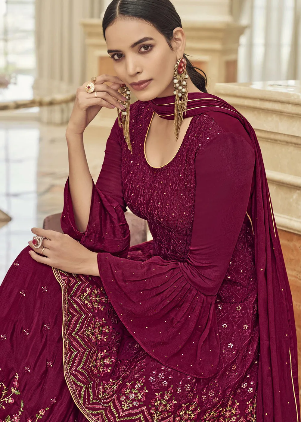 Chinon Silk Blazing Hot Pink Zarkan Embroidered Gharara Suit