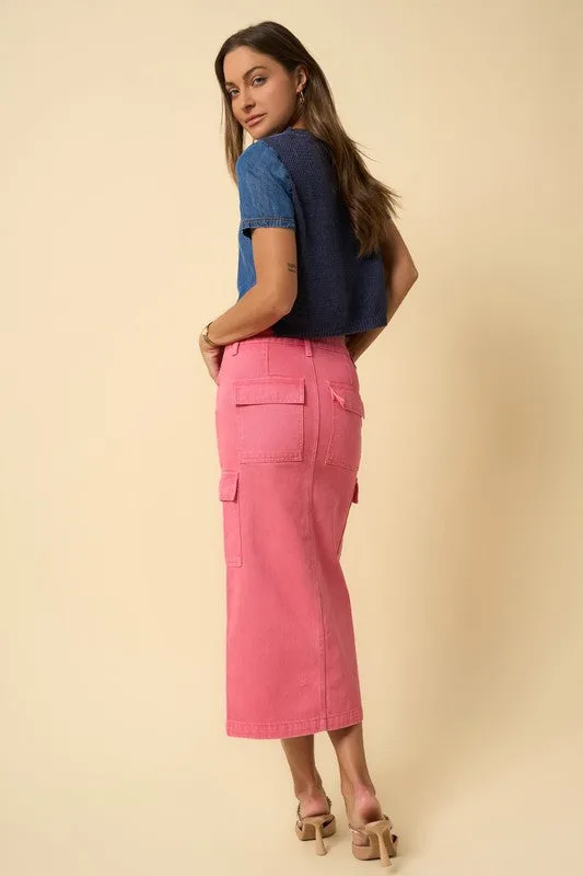 Color Cargo Denim Midi Skirt
