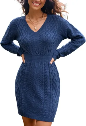 CUPSHE Cable Knit Pullover Sweater Mini Fall Dress for Women Smocked Waist V Neck Long Sleeve Casual Sweater Dresses
