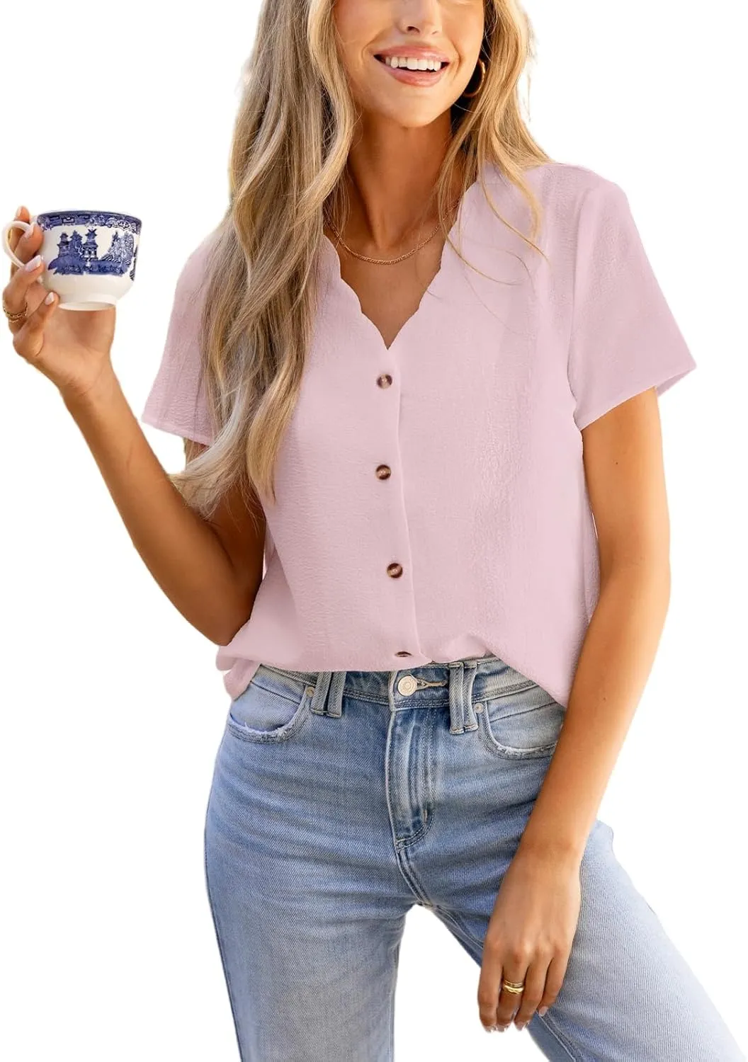 CUPSHE Women Summer Tops Short Sleeve Dressy Casual Business Work Blouses Office Shirts