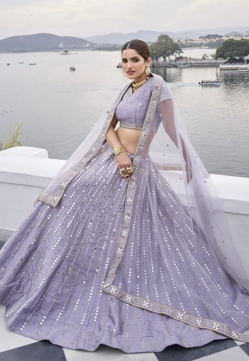 Cute Lavender Mirror Work Embroidered Wedding Lehenga Choli