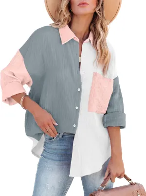 Davenil Women Button Down Shirts Cotton Linen Casual Collar Blouses