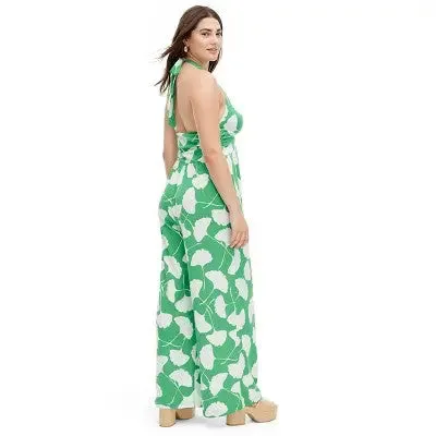 Diane von Furstenberg Women's Halter Jumpsuit Deep V-Neck, Ginkgo Green