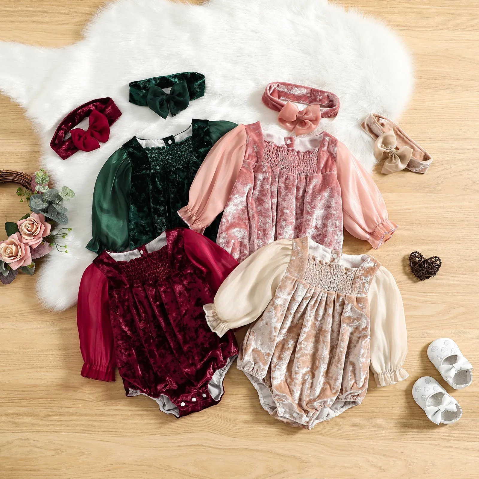 Dusty Pink Velvet Bodysuit Romper for Baby Girls , Color - Pink