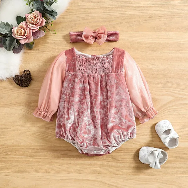 Dusty Pink Velvet Bodysuit Romper for Baby Girls , Color - Pink