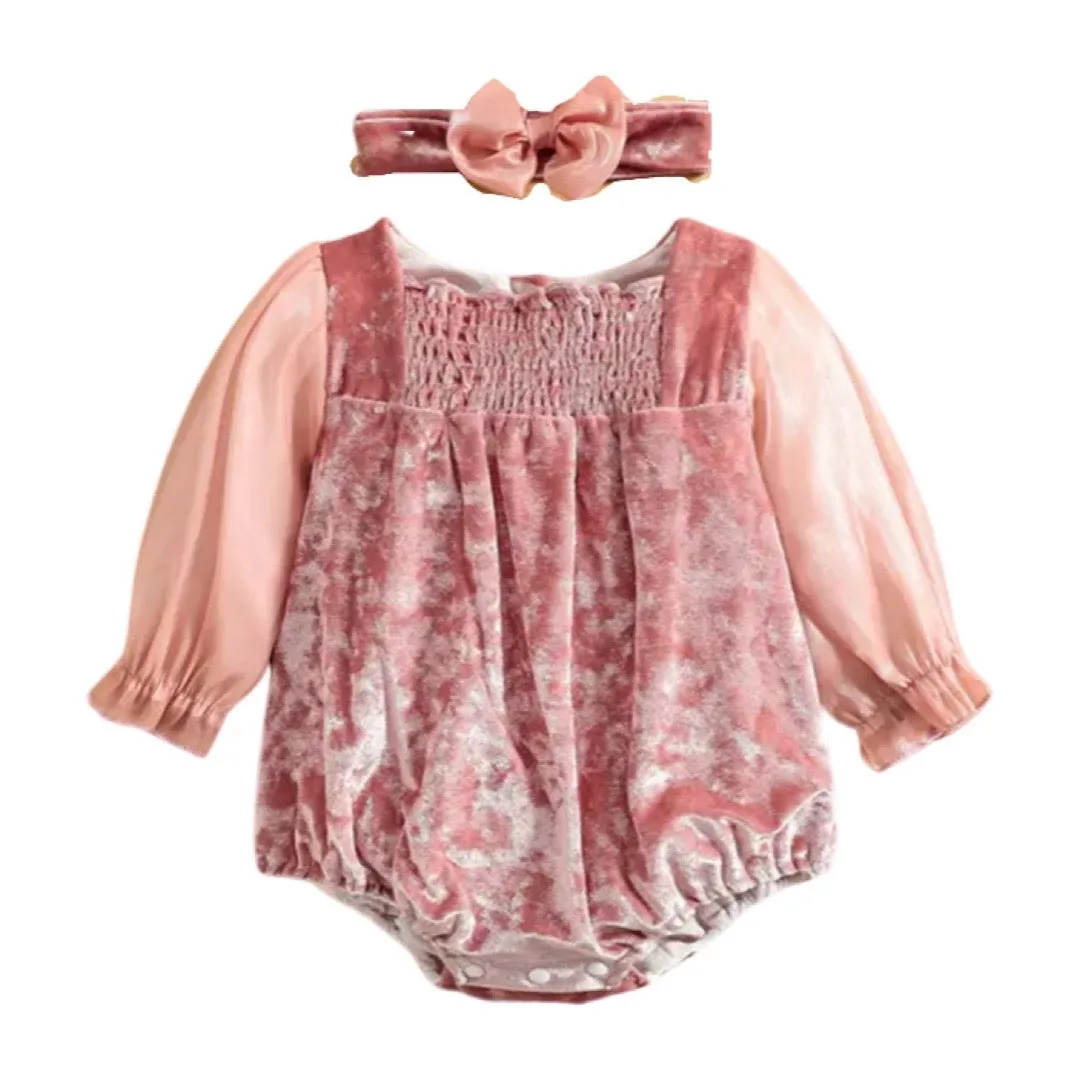 Dusty Pink Velvet Bodysuit Romper for Baby Girls , Color - Pink