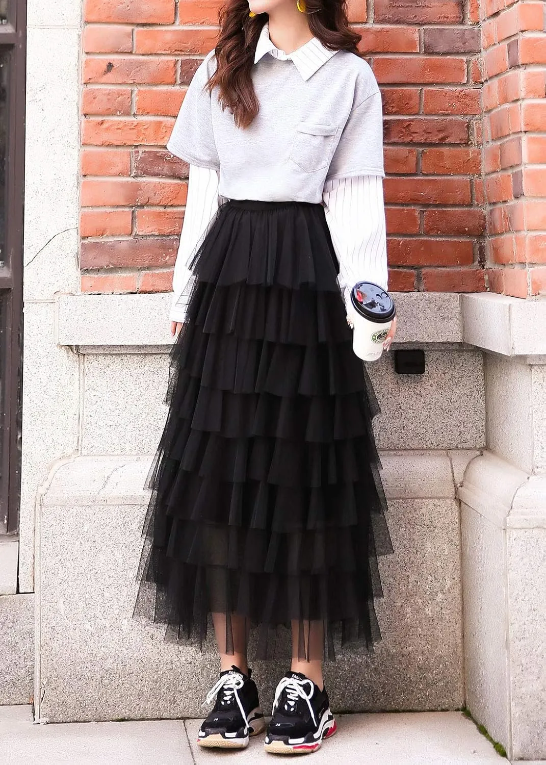 ebossy Women's Sweet Elastic Waist Tulle Layered Ruffles Mesh Long Tiered Skirt