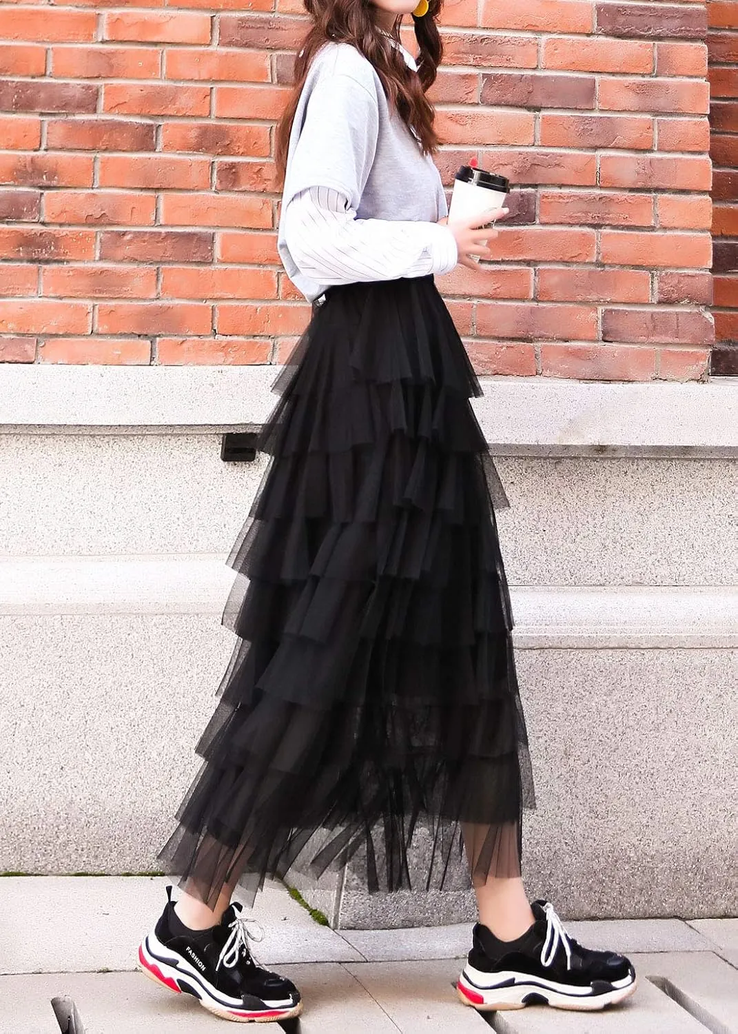 ebossy Women's Sweet Elastic Waist Tulle Layered Ruffles Mesh Long Tiered Skirt