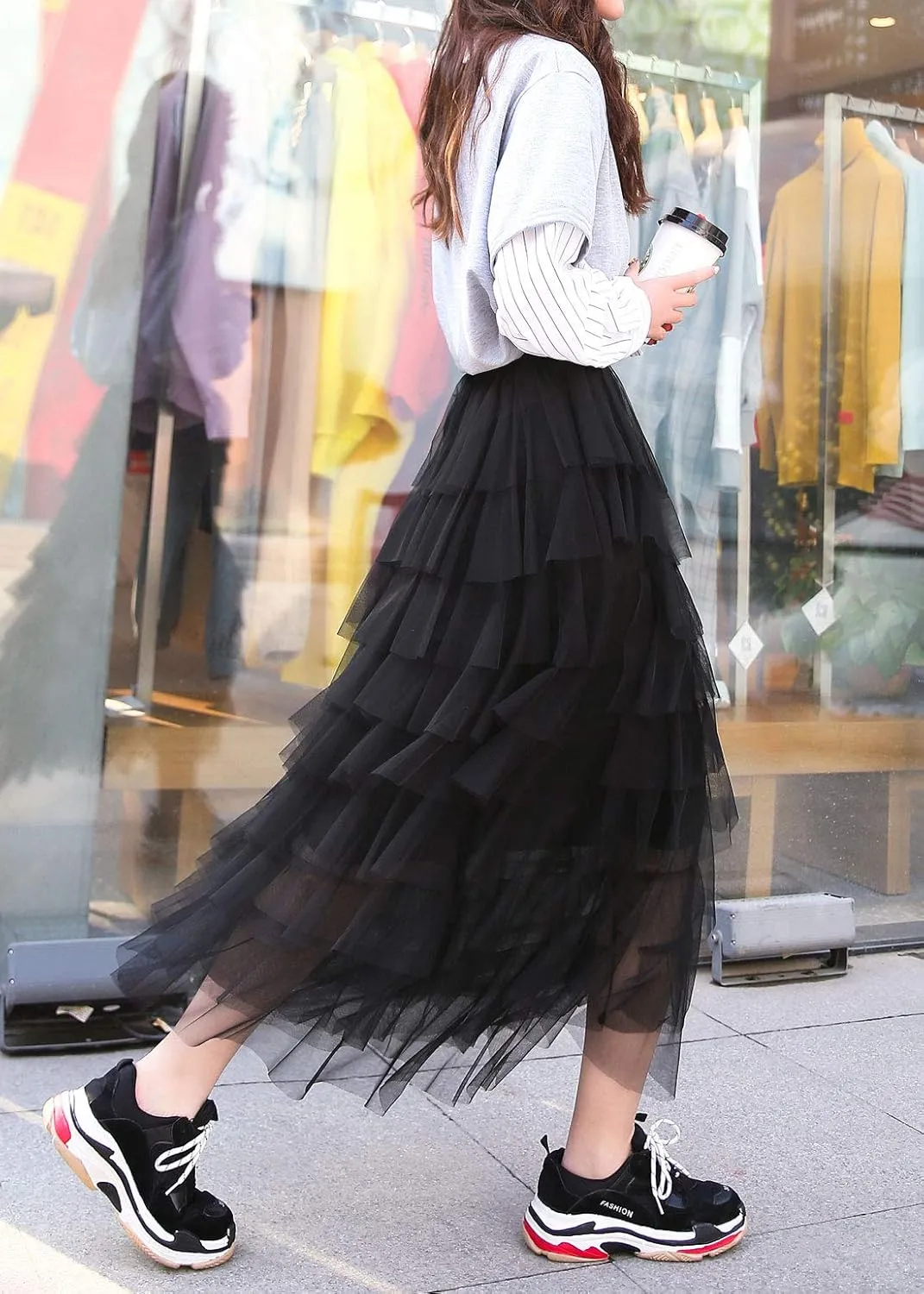 ebossy Women's Sweet Elastic Waist Tulle Layered Ruffles Mesh Long Tiered Skirt