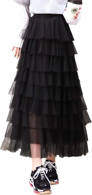 ebossy Women's Sweet Elastic Waist Tulle Layered Ruffles Mesh Long Tiered Skirt