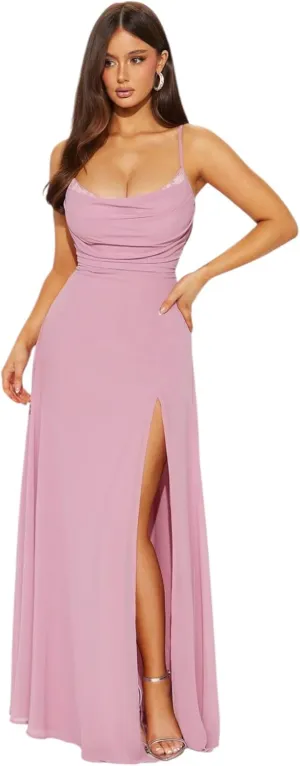 Elegant Maxi Dress, Cowl Neck, Spaghetti Strap, Side Slit, Blush Pink