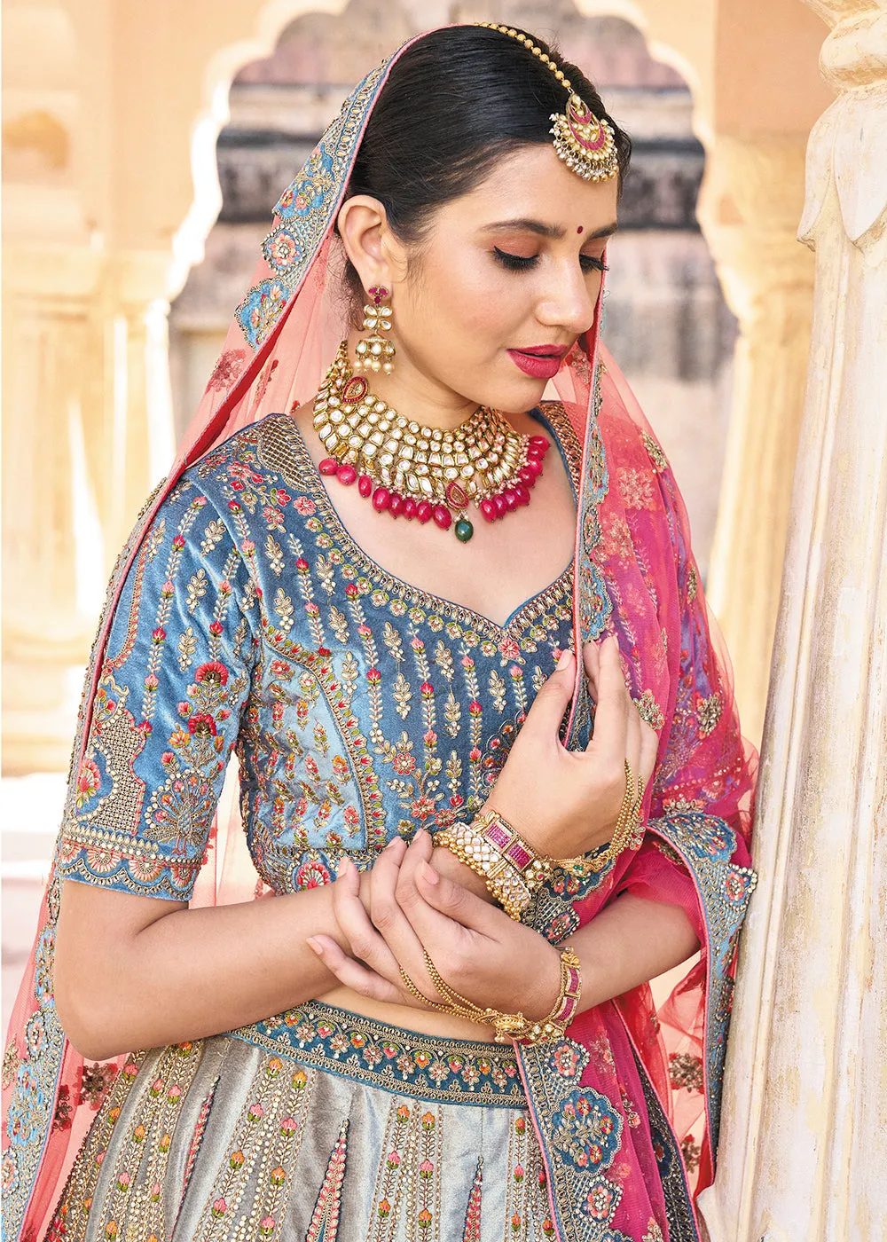 Excellent Blue Bridal Wear Heavy Embroidered Silk Lehenga Choli