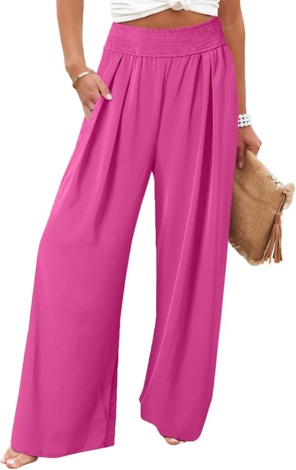 Eytino Women Plus Size Wide Leg Pants Casual Loose Smocked High Waisted Lounge Pajama Palazzo Pants(1X-5X)
