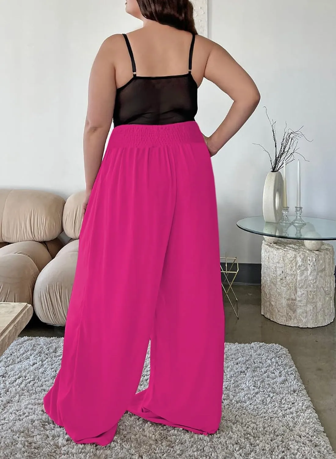 Eytino Women Plus Size Wide Leg Pants Casual Loose Smocked High Waisted Lounge Pajama Palazzo Pants(1X-5X)