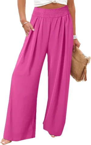 Eytino Women Plus Size Wide Leg Pants Casual Loose Smocked High Waisted Lounge Pajama Palazzo Pants(1X-5X)