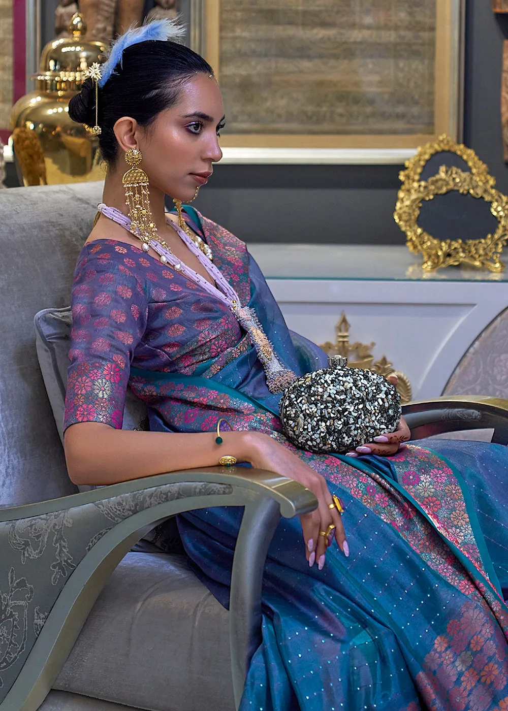 Festive Look Azure Blue Dual Tone Organza Silk Saree