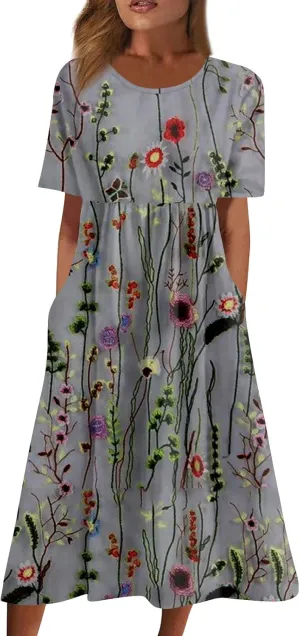 FlekmanArt Dresses for Women 2024 Printed Round Neck Long Dress Pocket Short Sleeve Beach Dress Pleated Elegant Maxi Dress