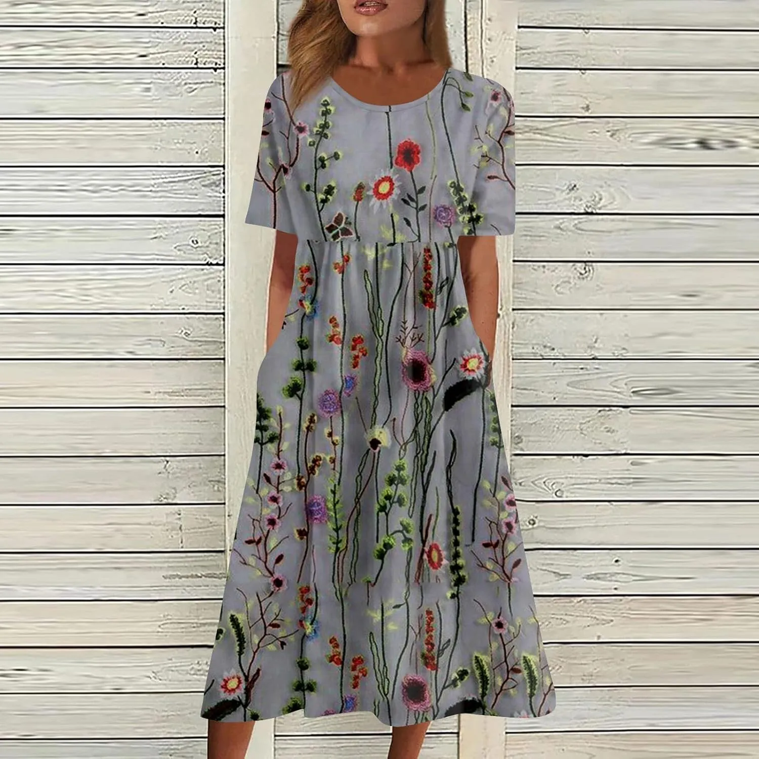 FlekmanArt Dresses for Women 2024 Printed Round Neck Long Dress Pocket Short Sleeve Beach Dress Pleated Elegant Maxi Dress