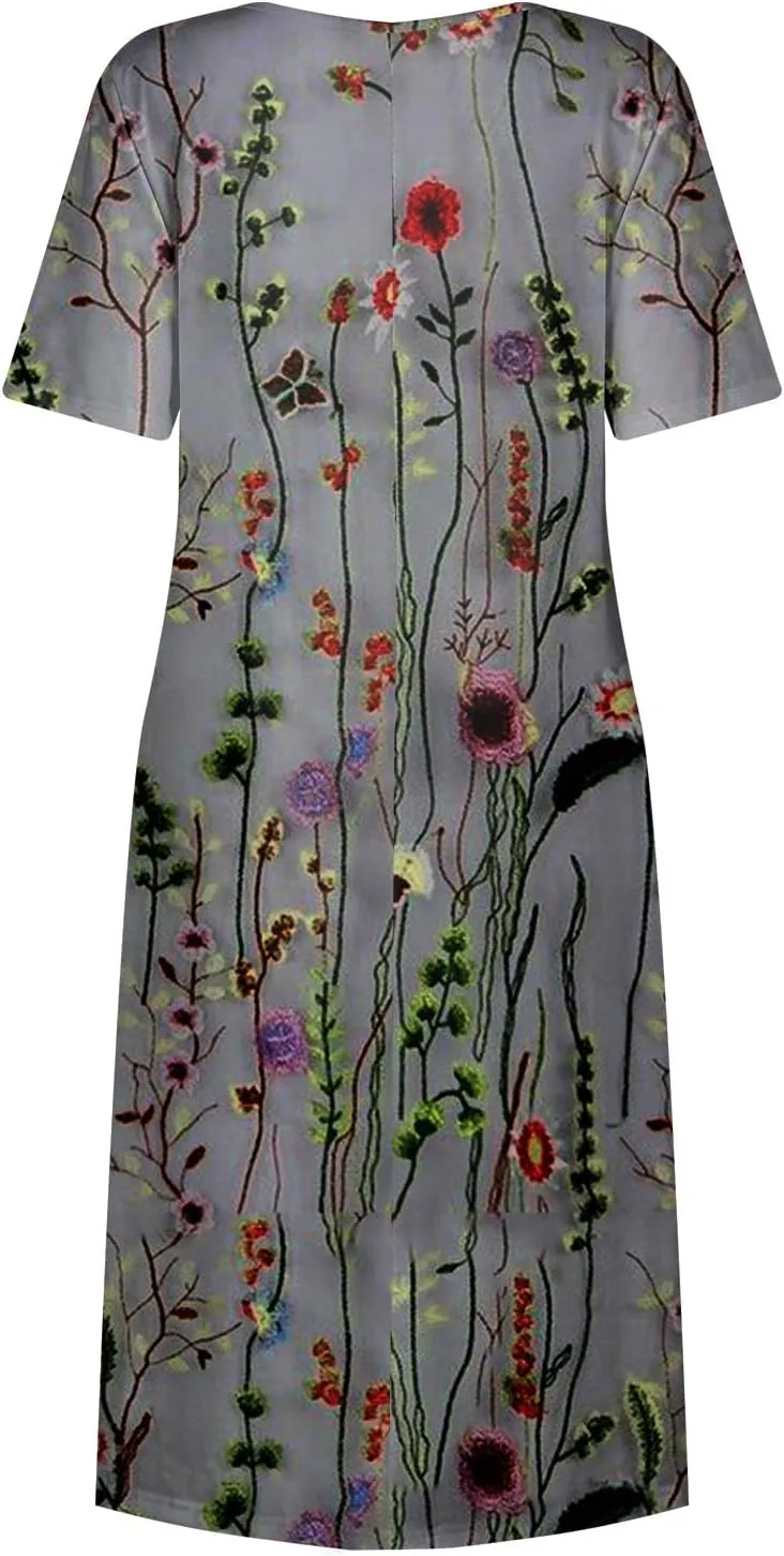 FlekmanArt Dresses for Women 2024 Printed Round Neck Long Dress Pocket Short Sleeve Beach Dress Pleated Elegant Maxi Dress