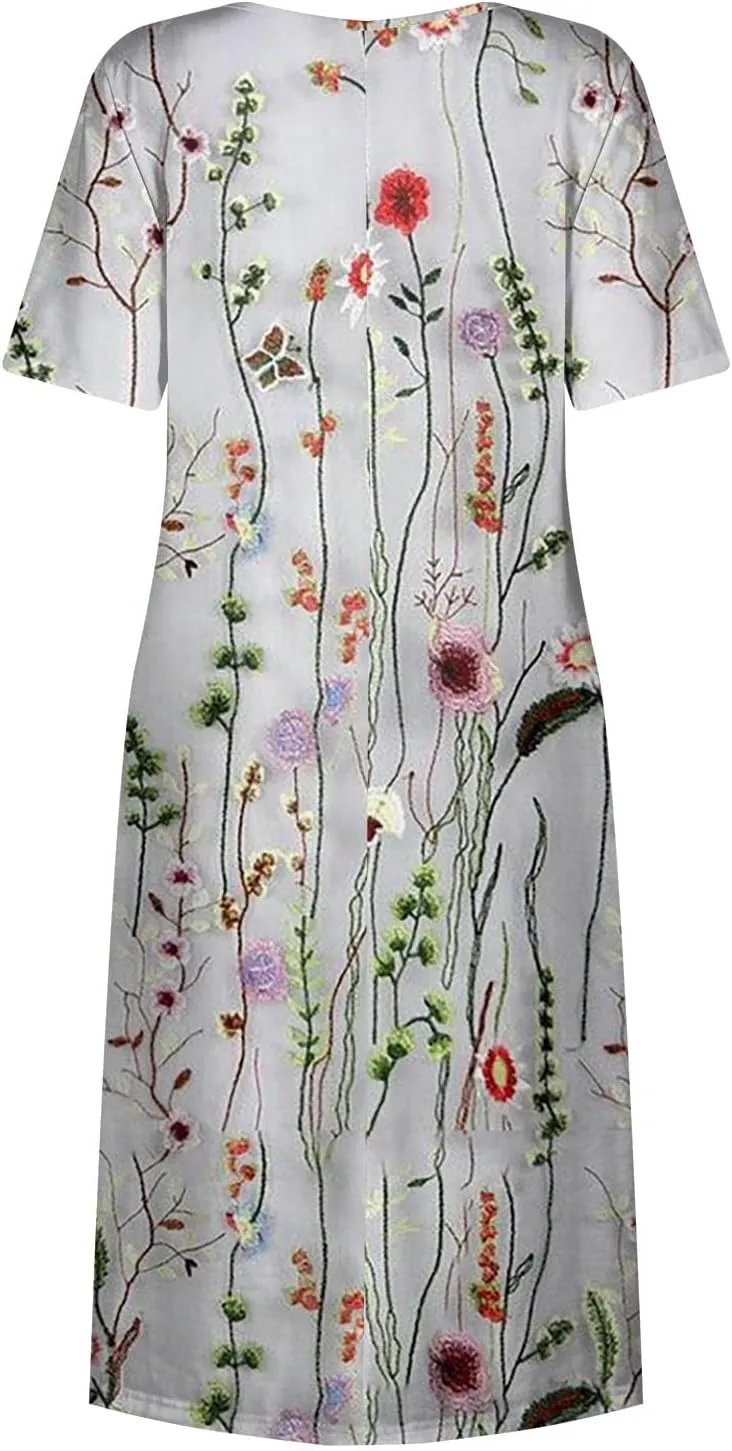 FlekmanArt Dresses for Women 2024 Printed Round Neck Long Dress Pocket Short Sleeve Beach Dress Pleated Elegant Maxi Dress
