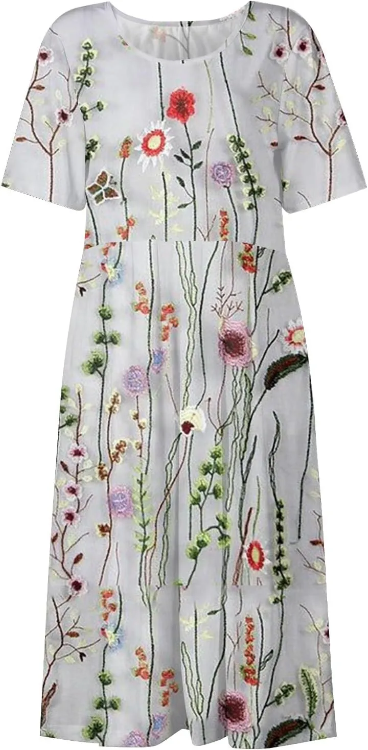 FlekmanArt Dresses for Women 2024 Printed Round Neck Long Dress Pocket Short Sleeve Beach Dress Pleated Elegant Maxi Dress