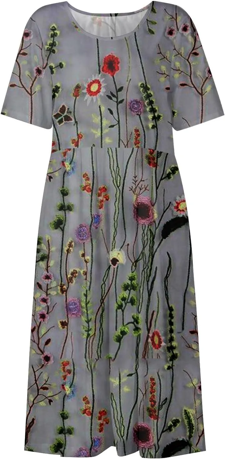 FlekmanArt Dresses for Women 2024 Printed Round Neck Long Dress Pocket Short Sleeve Beach Dress Pleated Elegant Maxi Dress