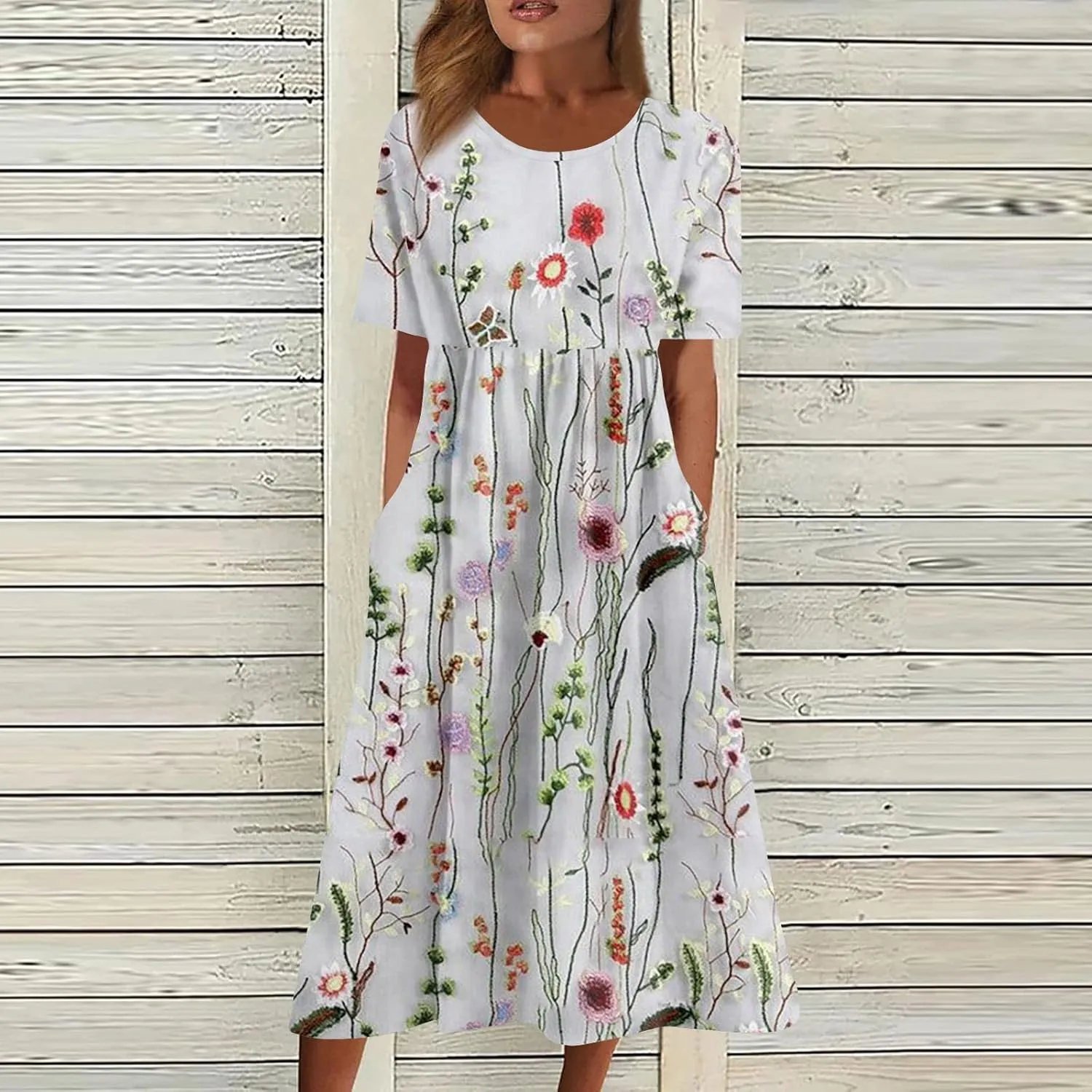 FlekmanArt Dresses for Women 2024 Printed Round Neck Long Dress Pocket Short Sleeve Beach Dress Pleated Elegant Maxi Dress