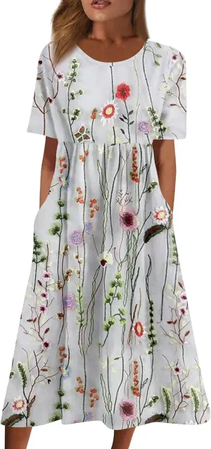FlekmanArt Dresses for Women 2024 Printed Round Neck Long Dress Pocket Short Sleeve Beach Dress Pleated Elegant Maxi Dress