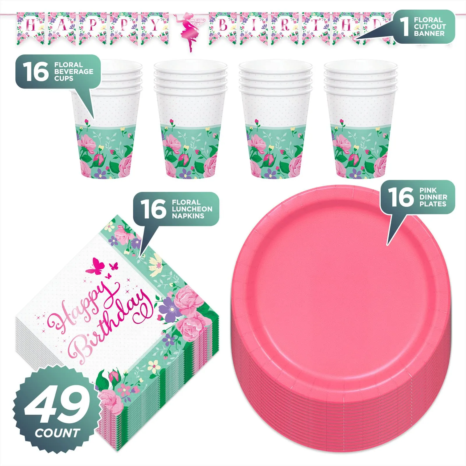 Floral Woodland Fairy Metallic Sparkle Birthday Party Pack - Paper Dinner Plates, Napkins, Cups, and Banner Set (Serves 16)