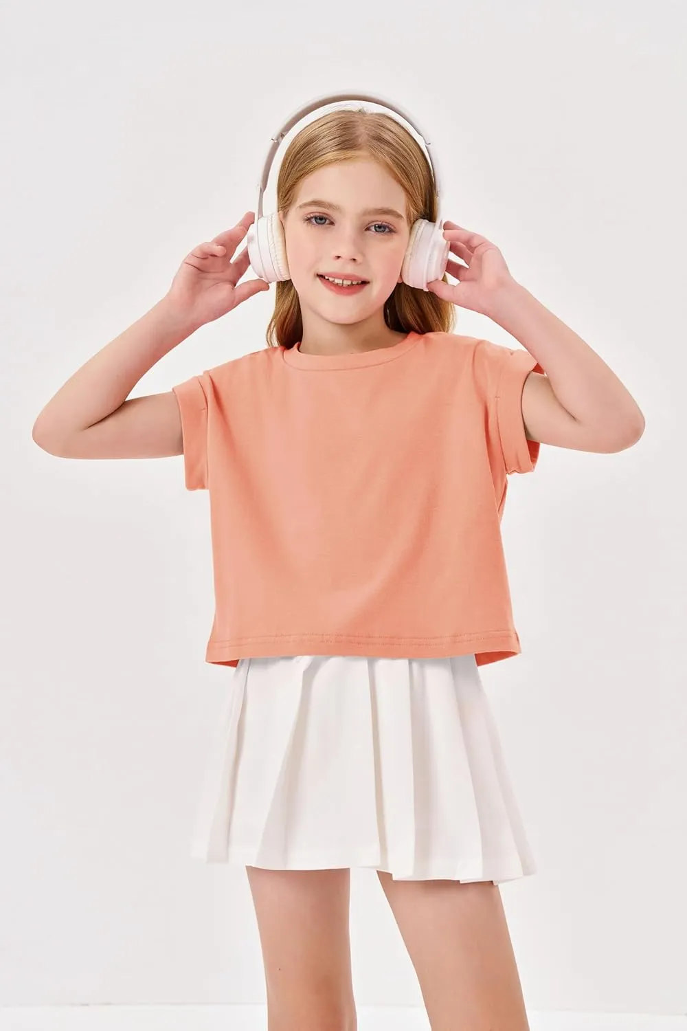 Haloumoning Girls Short Sleeve T-Shirts Crop Top Rolled Sleeve Round Neck Solid Loose Basic Tees for Summer