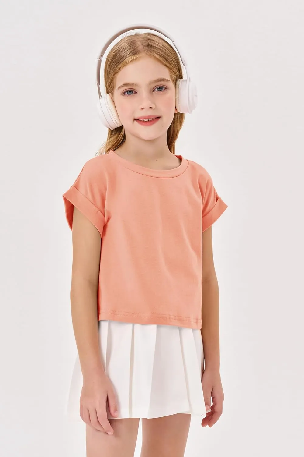 Haloumoning Girls Short Sleeve T-Shirts Crop Top Rolled Sleeve Round Neck Solid Loose Basic Tees for Summer