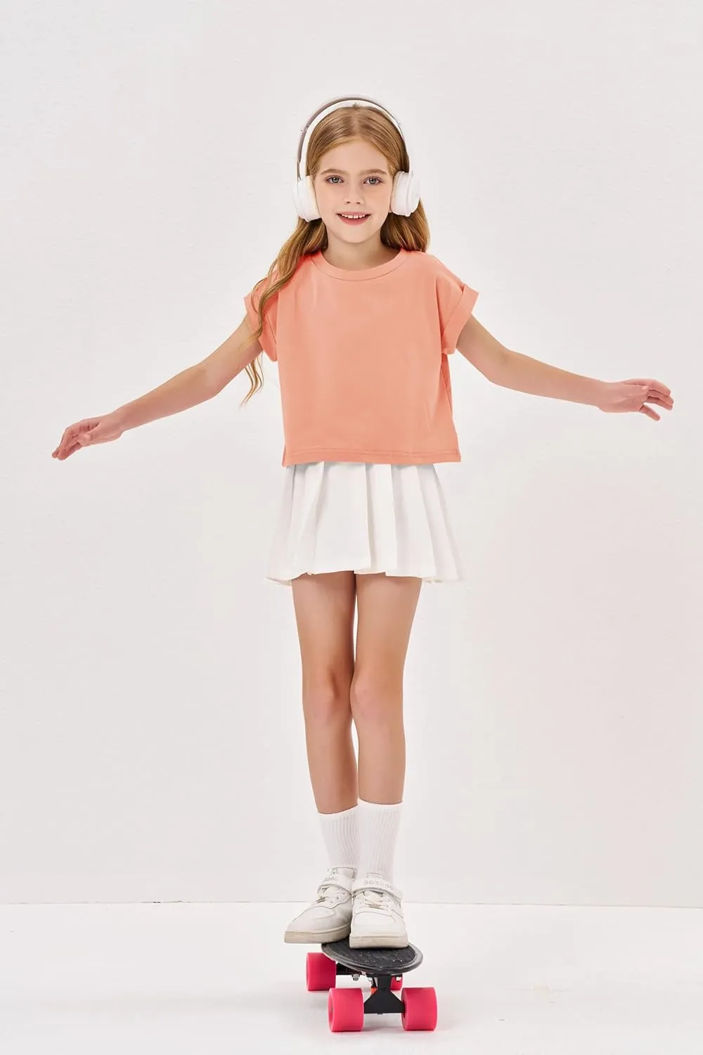 Haloumoning Girls Short Sleeve T-Shirts Crop Top Rolled Sleeve Round Neck Solid Loose Basic Tees for Summer