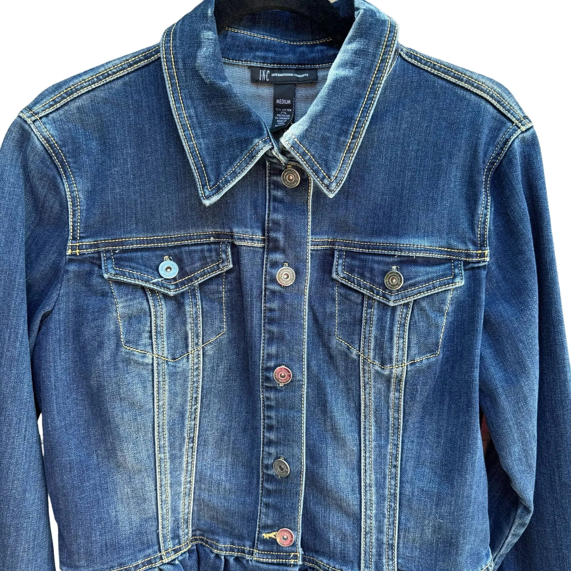 I.N.C. Womens Denim Peplum Long Sleeve Button Up Ruffle Hem Jean Jacket - Medium