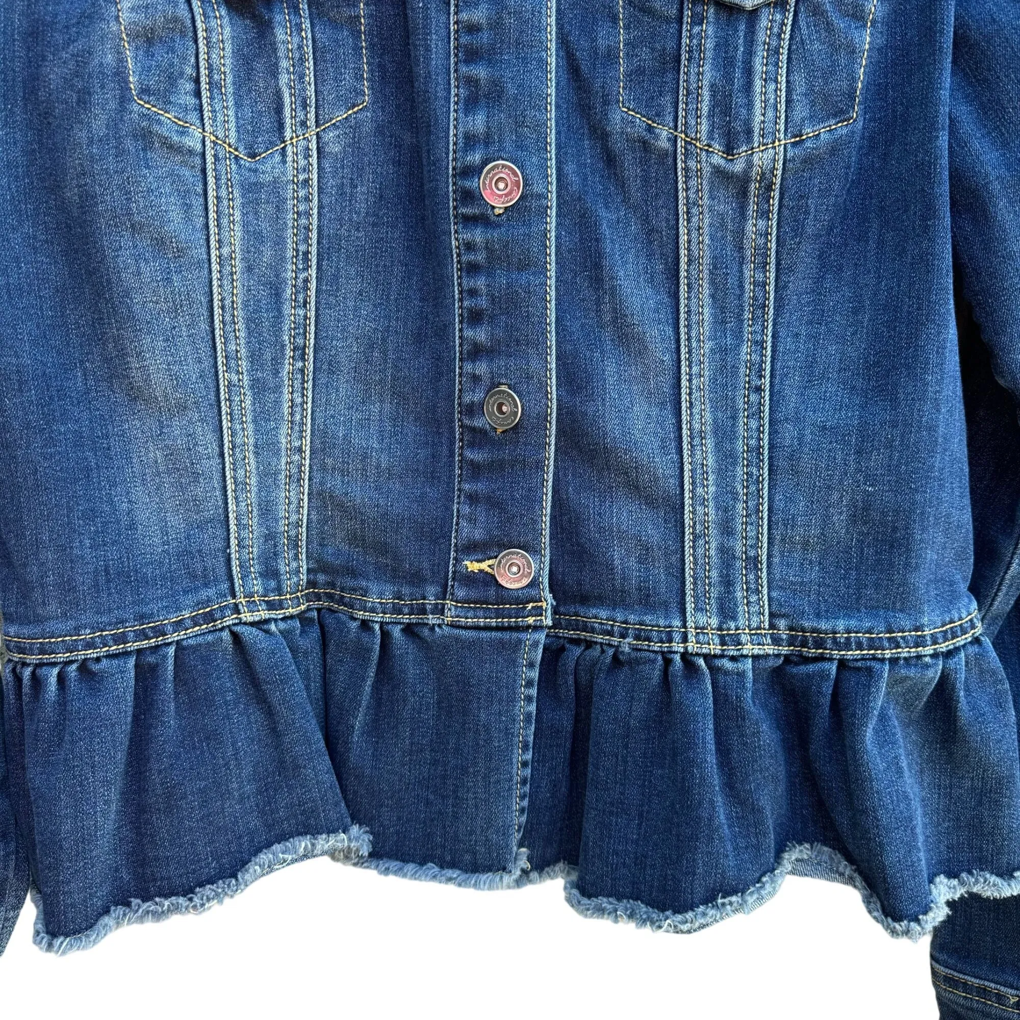 I.N.C. Womens Denim Peplum Long Sleeve Button Up Ruffle Hem Jean Jacket - Medium