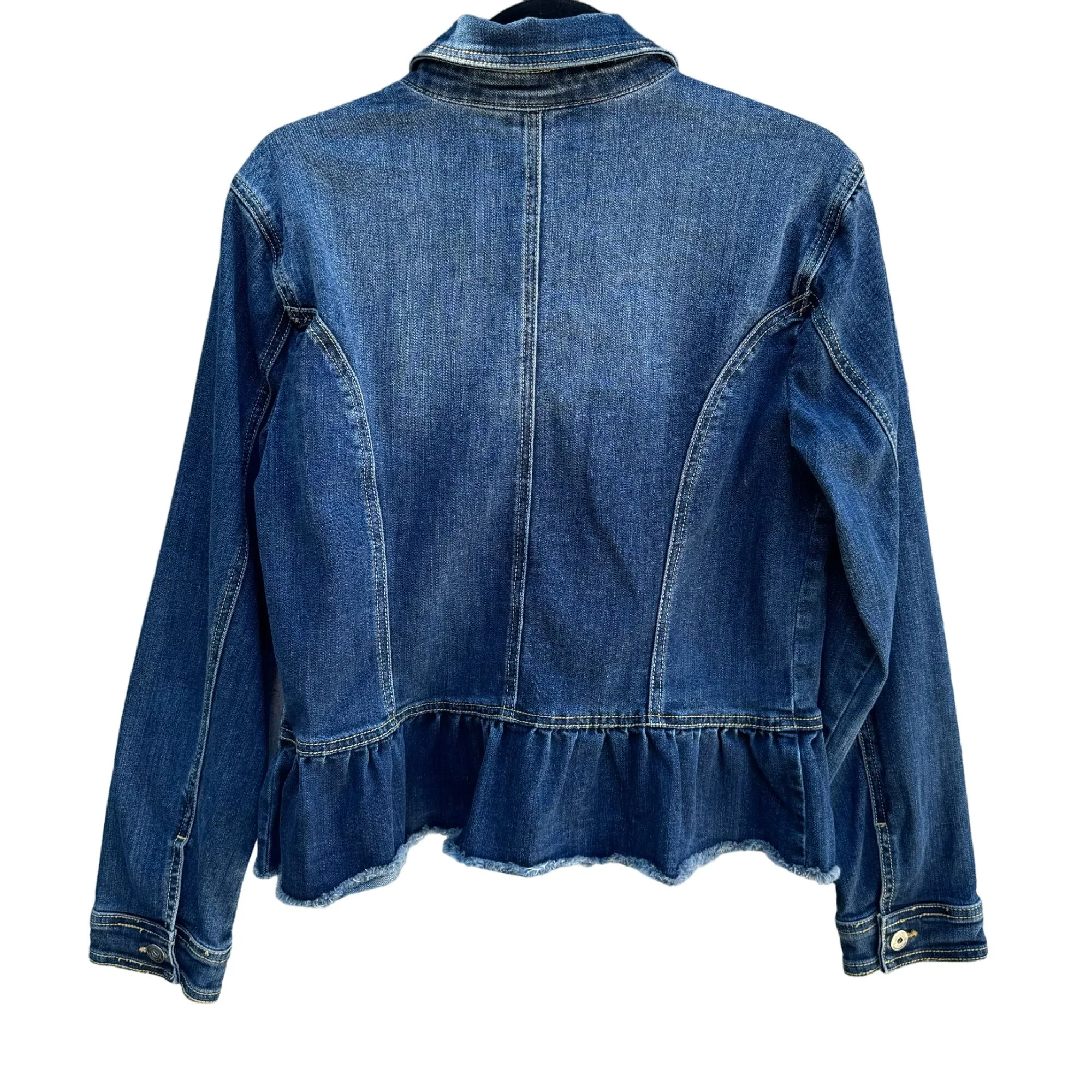 I.N.C. Womens Denim Peplum Long Sleeve Button Up Ruffle Hem Jean Jacket - Medium