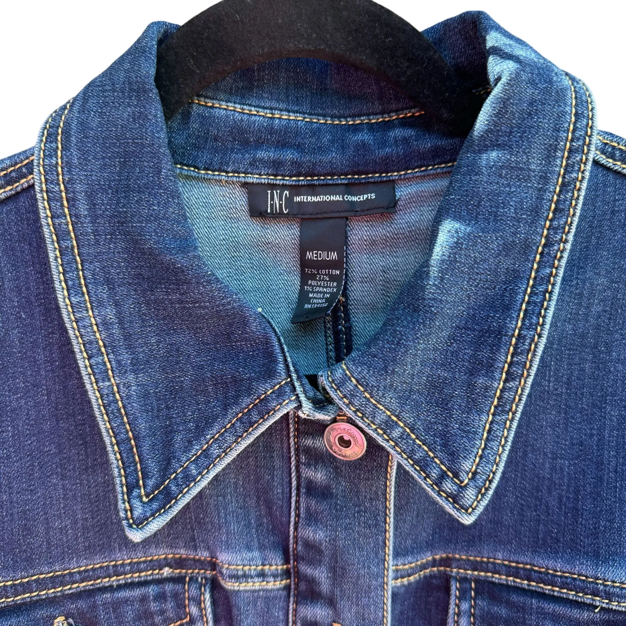 I.N.C. Womens Denim Peplum Long Sleeve Button Up Ruffle Hem Jean Jacket - Medium
