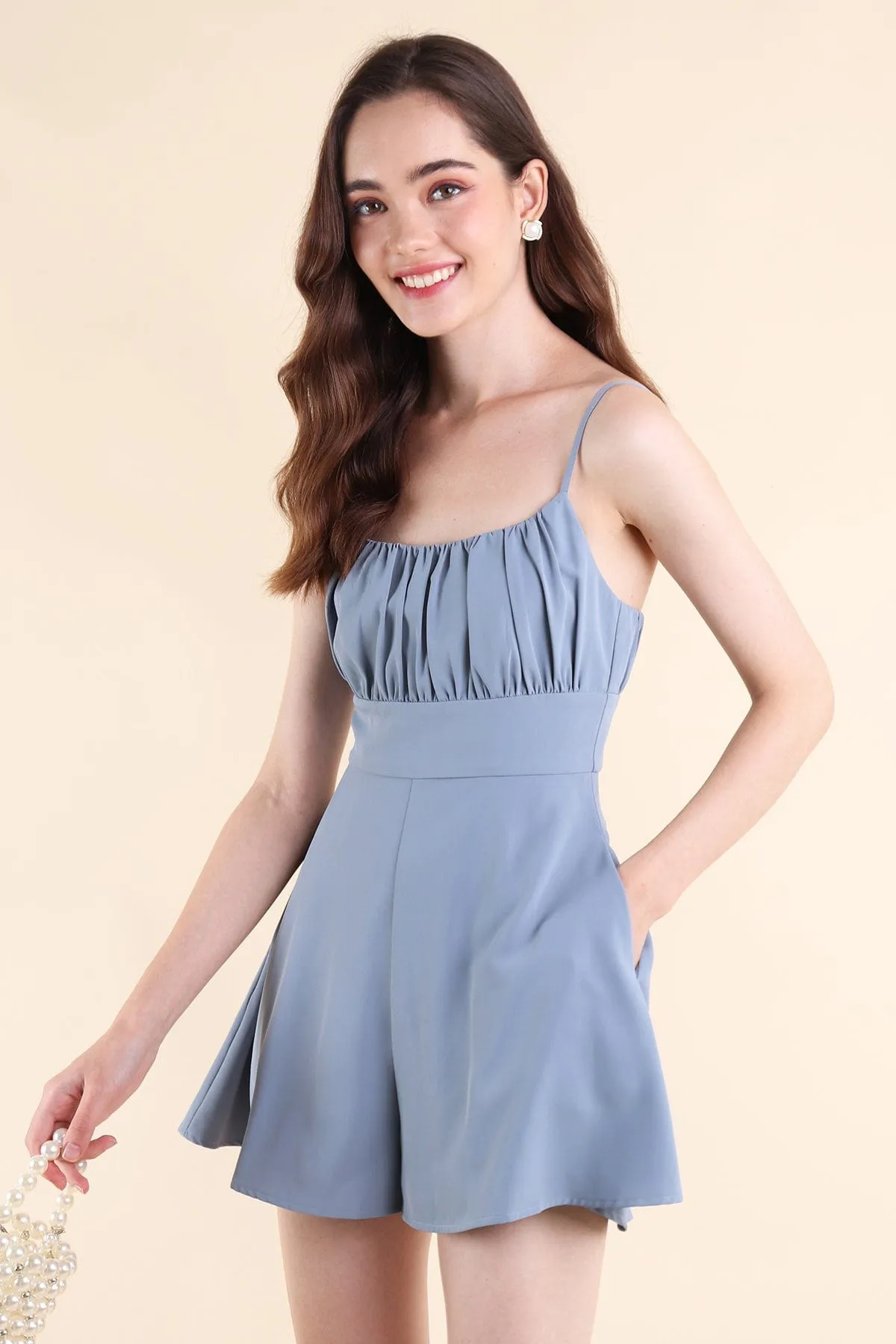 JORDYN RUCHED ROMPER IN BLUE