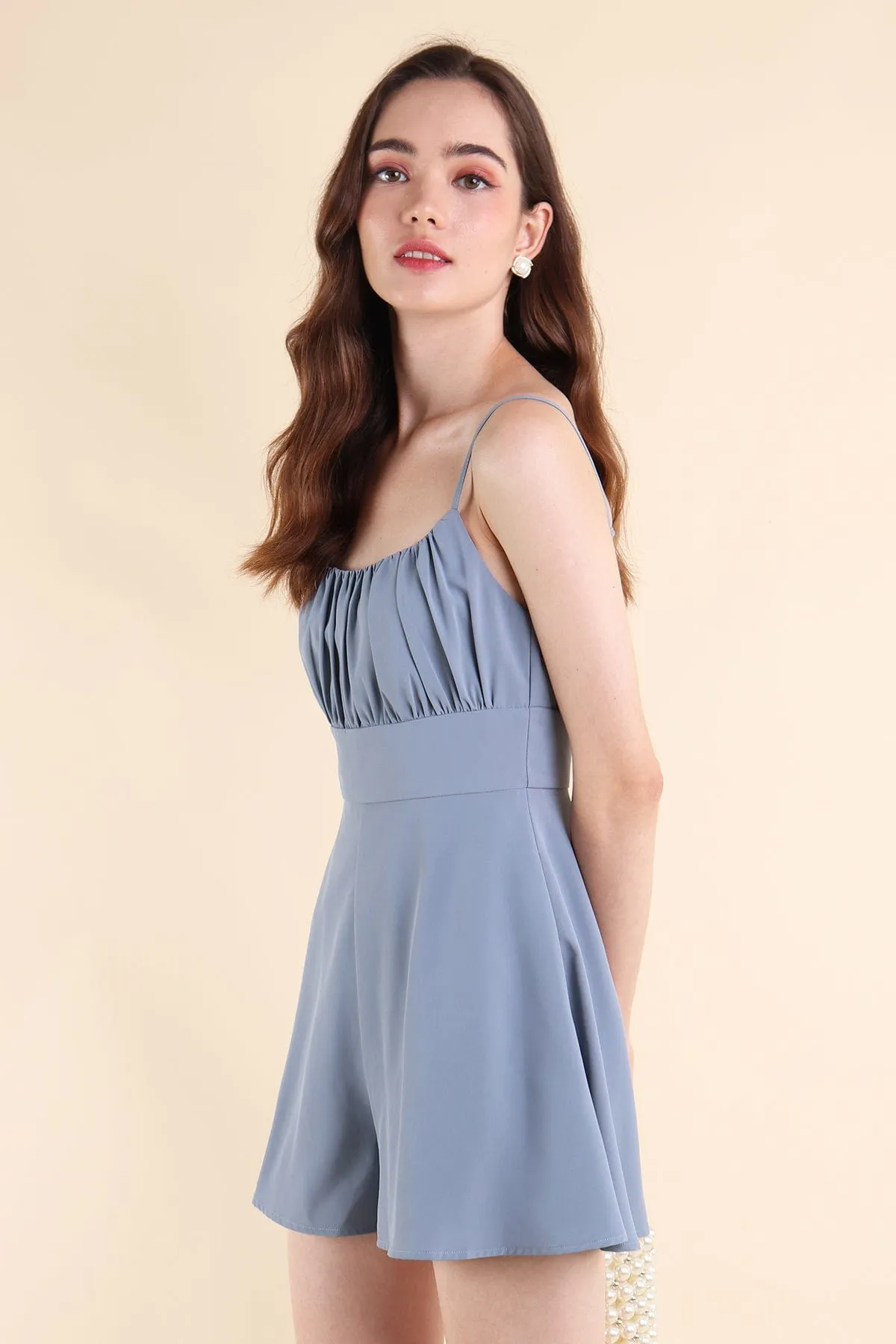 JORDYN RUCHED ROMPER IN BLUE