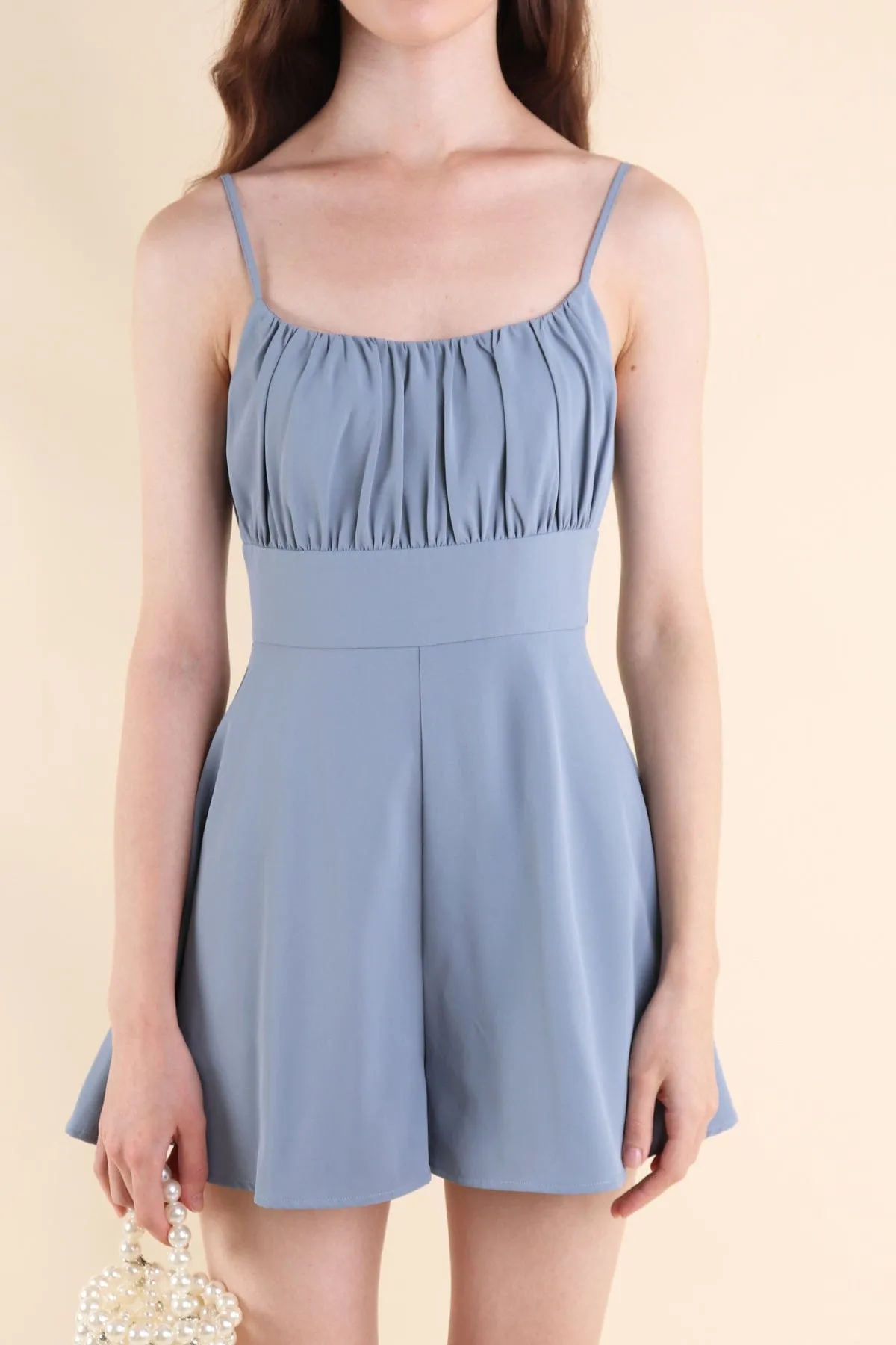 JORDYN RUCHED ROMPER IN BLUE